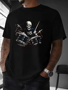 Camiseta de Baterista de Banda de Rock con Batería de Esqueleto y Gestos de Rock - Cuello Redondo Casual para Conciertos, Actividades al Aire Libre, Gimnasio - Regalo Divertido para Músicos y Fans del Rock - Negro - Ver 2
