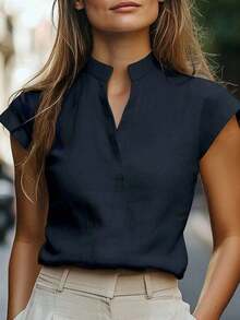 Camisa de mujer de verano casual de unicolor con cuello de muesca - Azul marino - Ver 3