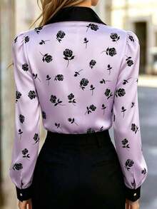 Blusa de satén con estampado de rosas para mujer, de manga larga y abotonada con cuello de lazo, de corte regular, adecuada para la oficina o uso casual en color rosa - Púrpura malva - Ver 3