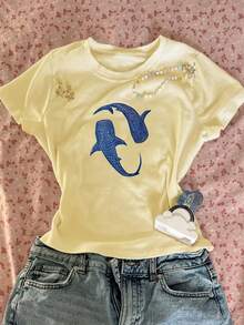 Women's Summer Vibrant Yellow Cropped T-Shirt, Interesting Deep Sea Shark Print Slim Fit Short Sleeve, Retro Sweet Casual Top, Suitable For Beach Days, Summer Parties, Street Style, Weekend Shopping, Lightweight Breathable Comfortable Soft Fabric - Yellow - View 1