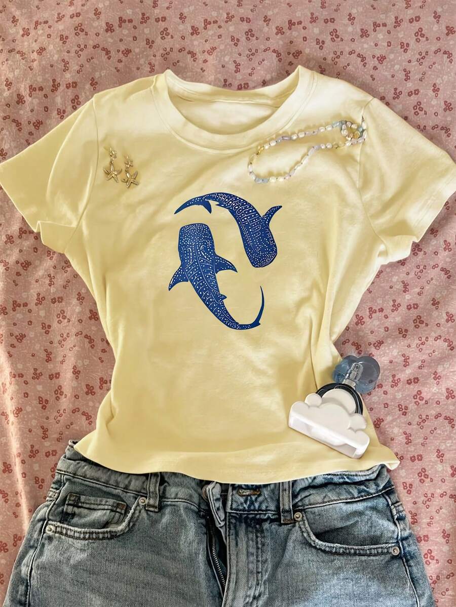 Women's Summer Vibrant Yellow Cropped T-Shirt, Interesting Deep Sea Shark Print Slim Fit Short Sleeve, Retro Sweet Casual Top, Suitable For Beach Days, Summer Parties, Street Style, Weekend Shopping, Lightweight Breathable Comfortable Soft Fabric - Yellow - View 1