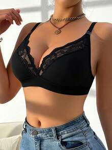1pc Lace Patchwork Wireless Nursing Bra Without Padding - Black - View 4
