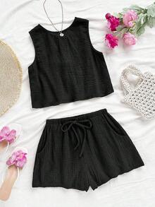 Top sin espalda con textura y lazo, holgado y casual para vacaciones, shorts casuales con elástico en la cintura y bolsillos, para playa y mar - Negro - Ver 5