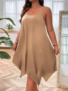 Vestido Midi de talla grande para mujer, liso, con tiras, dobladillo asimétrico, sin mangas, informal, suelto, para vacaciones de verano, XL-5XL - JX4088 Camel - Ver 1