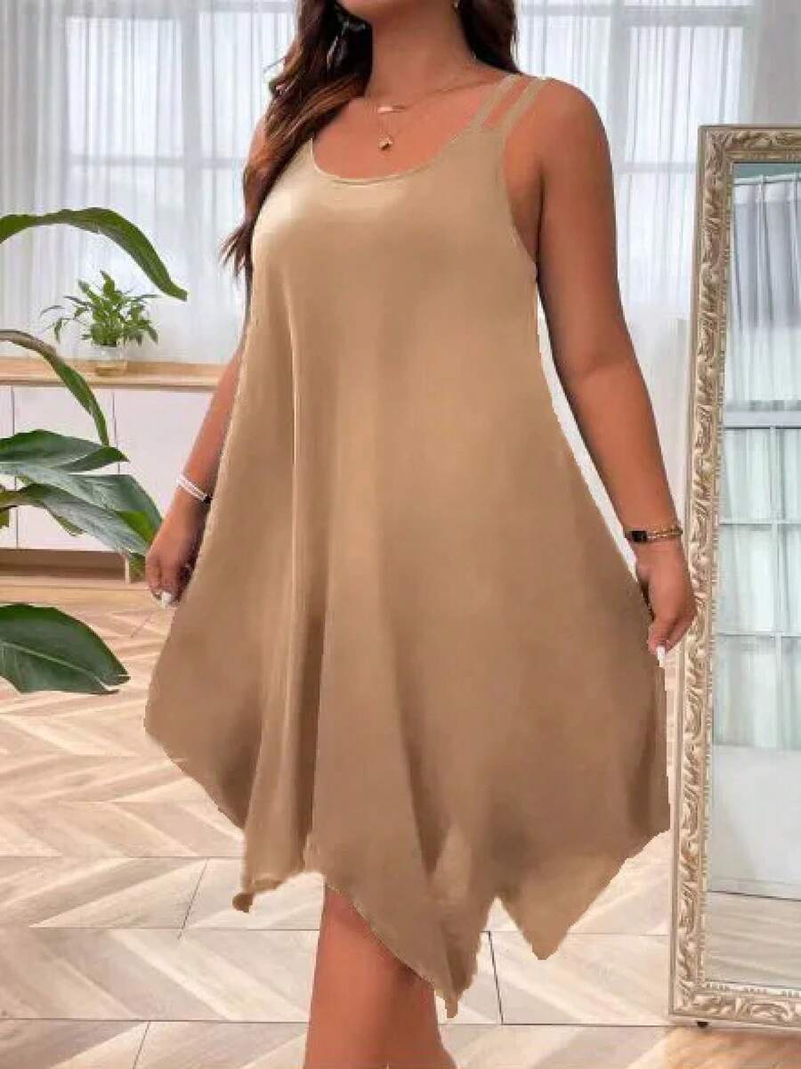 Vestido Midi de talla grande para mujer, liso, con tiras, dobladillo asimétrico, sin mangas, informal, suelto, para vacaciones de verano, XL-5XL - JX4088 Camel - Ver 1