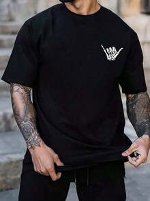 Camiseta de manga corta casual de verano para hombres con estampado de calavera y mano - Negro - Ver 1