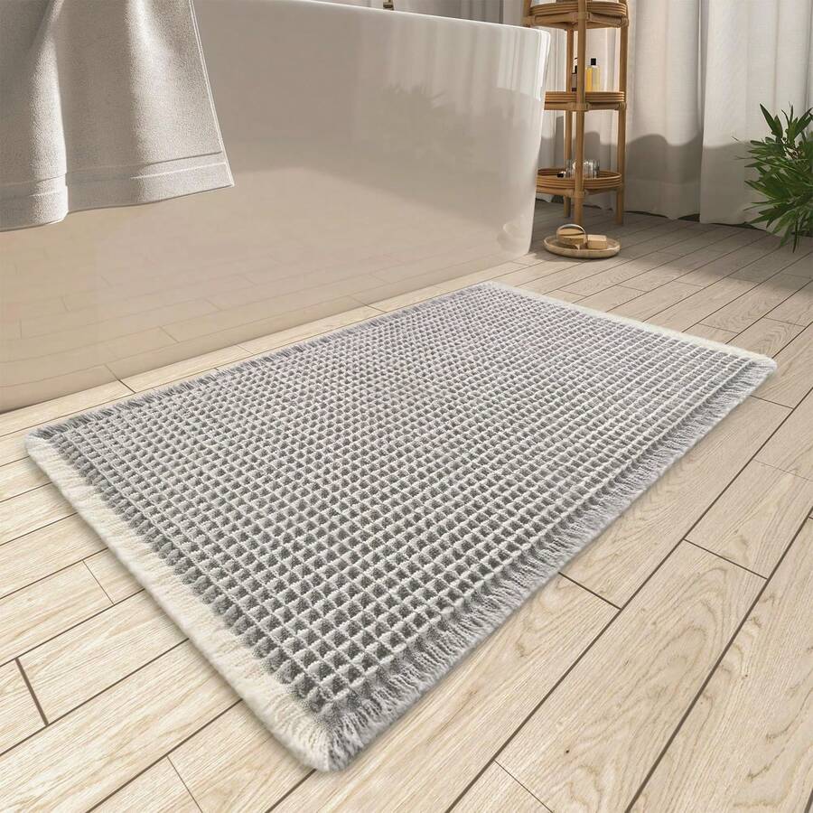 Waffle Bath Mat, Absorbent Non Slip Bathroom Rug With Tassels, Rubber Backed Floor Mat, Machine Washable Decorative Mat For Bathroom, 17" X 24", Brown - 淺灰色和奶油色 - 查看 1