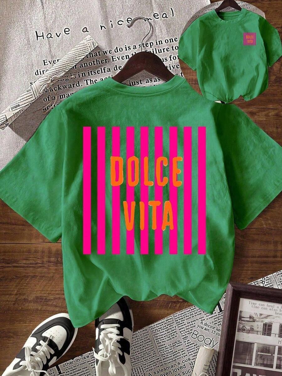 Camiseta básica casual de mujer con cuello redondo y manga corta estampada - Verde - Ver 1