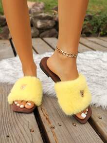 Women's Plush Slippers With Metal Decor, Flat Non-Slip Casual House Slippers - Yellow - View 3