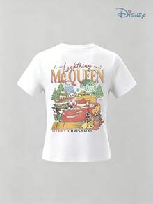Kids' Disney Cars Themed T-Shirt, Boys' Lightning McQueen Christmas Holiday Print Short Sleeve Tee, Soft Summer Casual Top For Boys, Easy On & Off Playwear For School, Theme Parks, Casual Hangouts & Weekend Trips - 白色 - 查看 2
