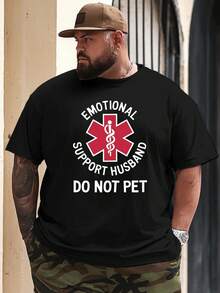 Camiseta de manga corta oversized con estampados de moda americana "Hombre de apoyo emocional, no toques", diseñada para hombres de talla grande, perfecta para primavera y verano con cuello redondo casual y tejido transpirable, talla grande - Negro - Ver 2