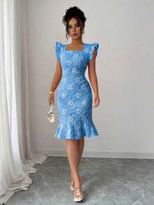 Vestido elegante de jacquard para ir al trabajo, verano - azul real - Ver 6