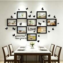 8pcs Black Magnetic Photo Frames Heart-Shaped DIY Photo Wall Set, A5 ,Butterfly & Text Decor, Self-Adhesive No-Drill Wall Mount For Home Decor,Living Room - 8Pcs + Butterfly and English Words - View 1