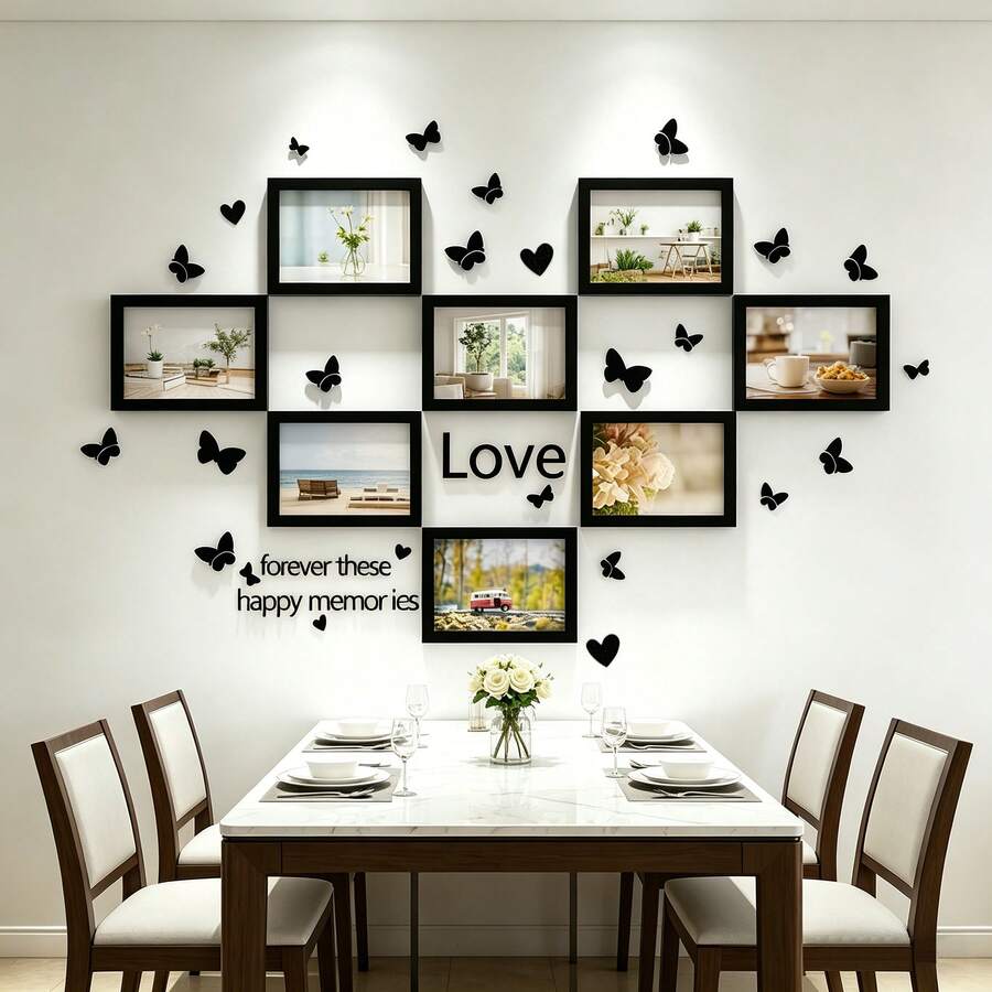 8pcs Black Magnetic Photo Frames Heart-Shaped DIY Photo Wall Set, A5 ,Butterfly & Text Decor, Self-Adhesive No-Drill Wall Mount For Home Decor,Living Room - 8Pcs + Butterfly and English Words - View 1