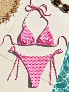 Conjunto de bikini con estampado floral aleatorio para vacaciones en la playa - Rosa - Ver 2