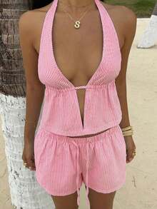 SunnyBelle Top sin espalda con escote profundo en V de cuello halter a rayas azul y blanco de lino, y shorts casuales sueltos con cordón a la cintura, conjunto veraniego sexy, lindo, elegante y romántico para mujer - Rojo - Ver 5