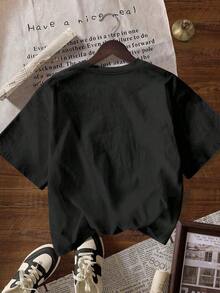 Camiseta de manga corta con cuello redondo con estampado de leopardo y estrella para mujer, casual de verano - Negro - Ver 2