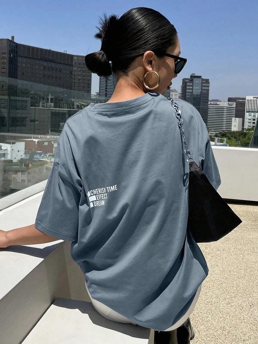 Free Shipping, Local Delivery In Mexico, Delivery In 4 Days. Oversized T-Shirt With Letter Print And Message CHERISH EFFECT DREAM. - Blue - View 1