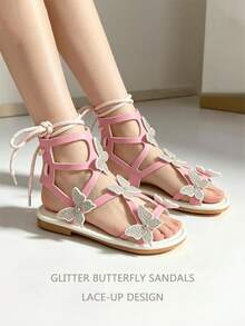 Girls' Pink Rhinestone Butterfly Lace-Up Roman Sandals, Flat Non-Slip Summer Princess Shoes - Pink - View 3