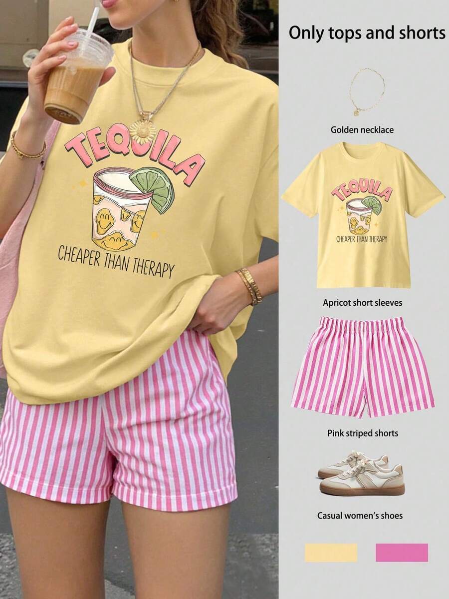 Printed Loose Short Sleeve T-Shirt + Striped Shorts Set Plus Size Women's Two Pieces Set Summer Outfit Vacation Wear Travel Outfit Beach Style Yellow Elegant - Yellow - View 1