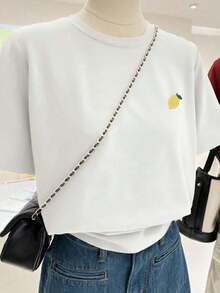 Camiseta de Mujer  con Cuello Redondo y Estampado de Bordado de Caballero - Top Casual de Cuello Redondo - Camiseta Ligera Adecuada para Todas las Temporadas - Blanco - Ver 4