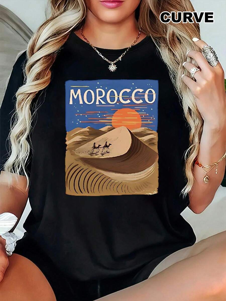 Size - Women's Graphic Tee With Moroccan Desert Dunes And Camels Design - Stretch Crew Neck Top With MOROCCO Text - Lightweight Black Tee For Travel, Everyday Wear And Themed Events - Machine Washable All-Season T-Shirt, Travel Outfit, Boho Chic Style - 黑色 - 查看 1