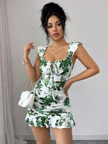 Vestido con volantes en el bajo y hombros descubiertos con estampado de lunares vintage, elegante y sexy vestido de verano con estampado floral pequeño y espalda descubierta al estilo francés - Verde - Ver 7