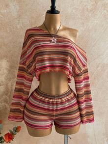 Casual 2-Piece Set Consisting Of A Cropped Top With An Irregular Neckline And Lettuce Hem, And Shorts, In A Solid Color, For Vacation, Spring/Summer - Multicolor 10 - View 11