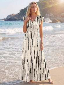 2026 New vestidos casual Vestido línea A con mangas de campana, recogido en la cintura y bajo con volantes, vestido maxi casual elegante de estampado de leopardo retro, adecuado para primave - Multicolor 7 - Ver 5