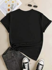 Camiseta Casual de Manga Corta para Mujer - Negro - Ver 3