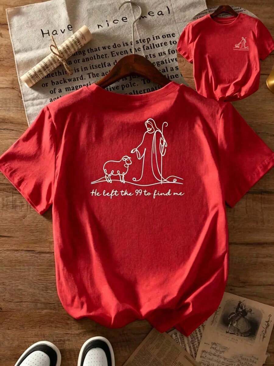 | 1 Playera para Mujer 100% Algodón Transpirable| Camiseta de manga corta para mujer con estampado religioso - Jesús y el Cordero del Pastor con la frase "Dejó los 99 para encontrarme" (Mateo 18:12-14), cuello redondo, estilo casual para iglesia, atuendo informal y ropa religiosa - Ideal para el verano. - Rojo - Ver 1