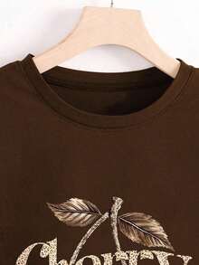 Blusa de mujer de manga corta con cuello redondo en azul marino con estampado versátil de leopardo y cereza - Café integral - Ver 4