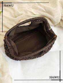 Starfish & Seashell Straw Clutch With Chain Strap | Summer Beach Vacation Essentials - Coffee - View 5