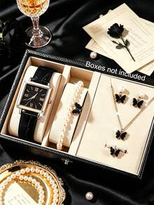6pcs/Set Women's Elegant Luxury Quartz Watch With Cube Dial, Butterfly Pendant Beaded Jewelry Set, Versatile Daily Wear, Multiple Colors, Birthday/Valentine's Gift - Multicolor - View 3