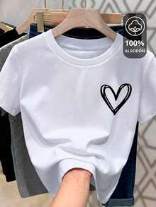 Women's Cotton T-Shirt, Women's T-Shirt With Heart Print And Round Neck, Round Neck, 100% Cotton, Soft Fabric, Short Sleeve - 白色的 - 查看 1