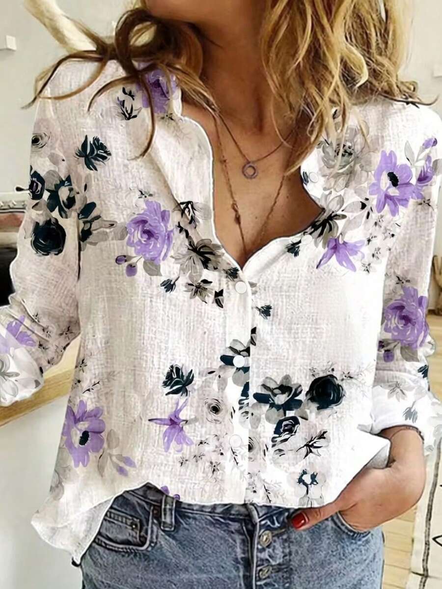 女士优雅玫瑰印花长袖衬衫领上衣，适合度假和春季穿着