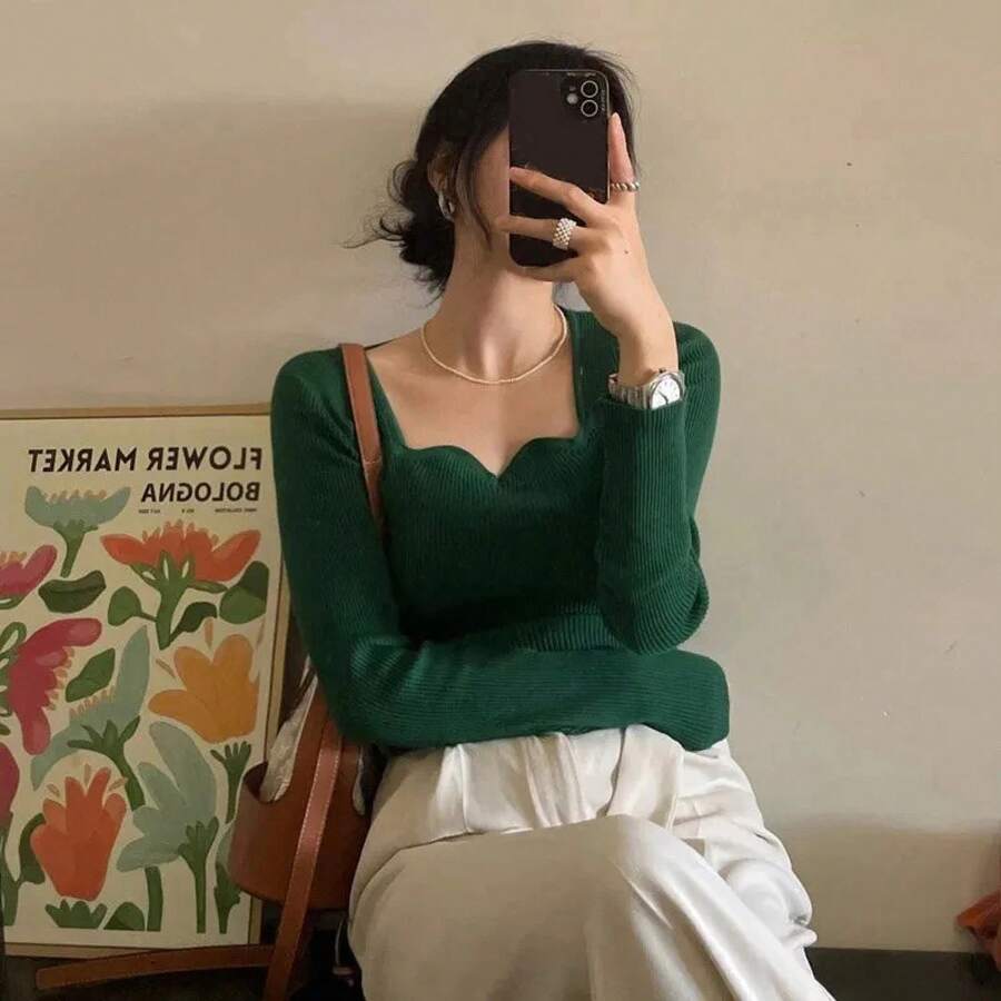 Jerséis de punto para mujer, suéteres lisos Vintage, Otoño Invierno, prendas de punto ajustadas coreanas elegantes con cuello cuadrado, jerséis que combinan con todo, novedad - Verde - Ver 1