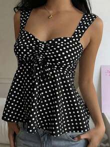 Nueva Colección Primavera/Verano 2026 para Mujer: Blusa/Top sin Mangas con Volantes y Cordón Ajustable, Estampado de Lunares Amarillo Buttercup y Marrón, Estilo Casual y Versátil, Top de Verano - Negro - Ver 2