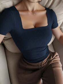 Blusa de manga corta y cuello redondo casual y elegante, adecuada para uso diario, ir al trabajo y salir, primavera/verano blanco - Azul marino - Ver 4