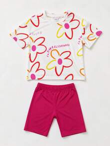 4-8 Years Old Girls Cute Street Style T-Shirt Set - Floral Print T-Shirt + Pink Bike Shorts - Adorable Cool Summer Outfit - Hot Pink - View 4