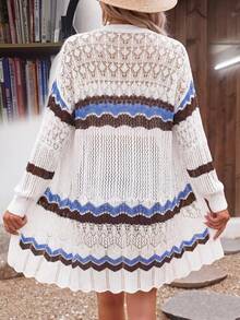 Women's Boho Stripe Hollow Out Cardigan, V-Neck Open Front Contrast Loose Scallop Hem, Light Elegant For Summer Beach, Vacation & Festivals White - White - View 3