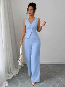 Conjunto de camiseta sin mangas y pantalones elegante para mujer, estilo de oficina y transporte, atuendo de otoño para maestros - Celeste - Ver 6
