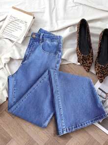 Jeans de talle alto con vuelo de unicolor simple para uso casual y de oficina de las mujeres - Azul 3 - Ver 3