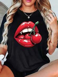 Women's Casual Short Sleeve T-Shirt, Cherry Lips Graphic Tee, Women's Top, Short Sleeve, Casual Chicana Style, Custom And Fashionable, Using Knit Fabric With Slight Elasticity, Suitable For Casual Weekend Wear 7ZO8 - 黑色 - 查看 6
