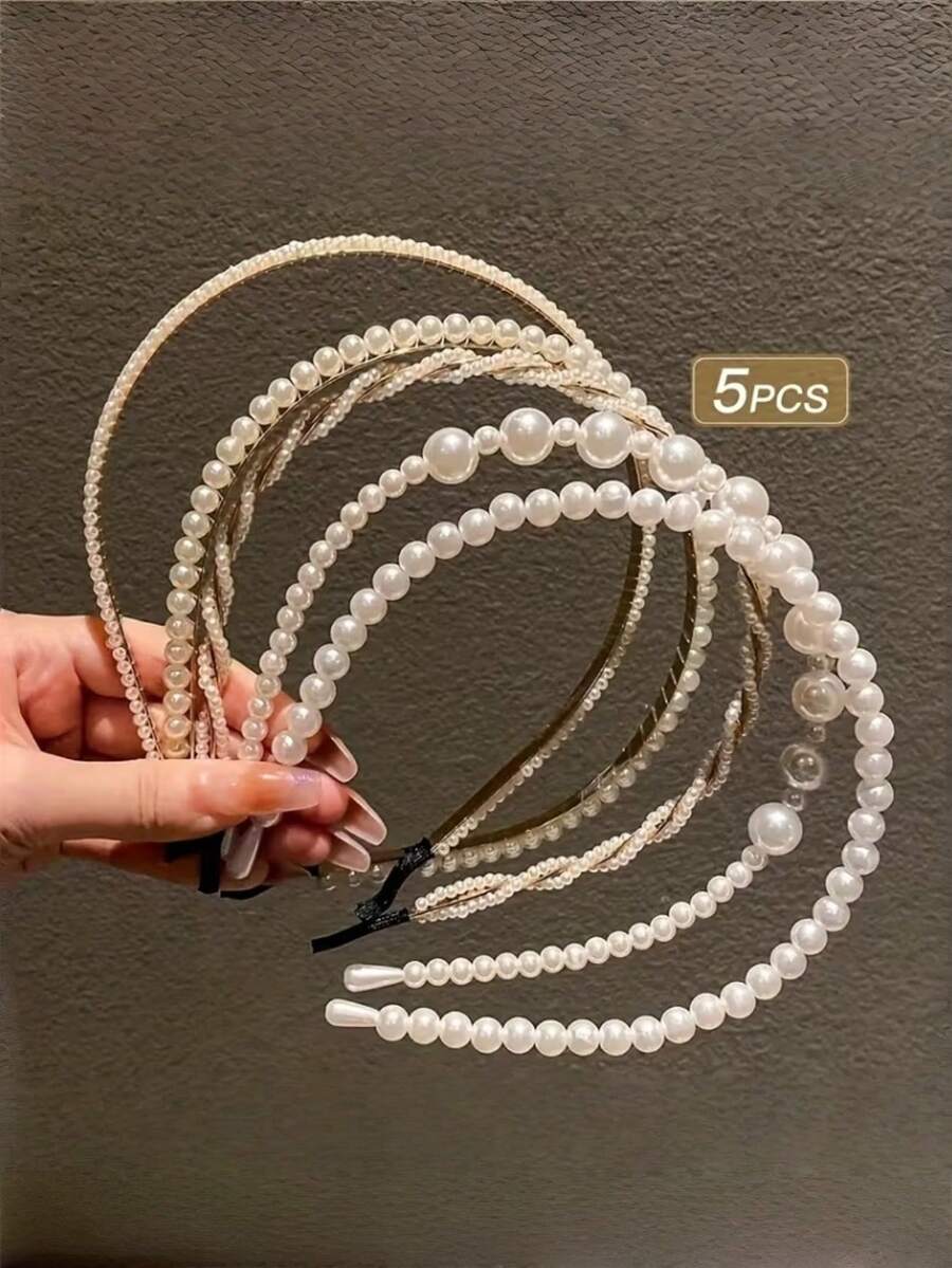 5入仿真珍珠裝飾時尚髮箍,髮飾髮帶頭箍 - 5pcs hairband - 查看 1