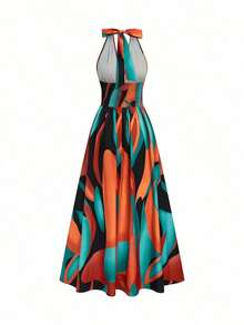 aElenzga Nuevo vestido maxi de diseño elegante y de estilo francés con cuello en V, halter, cintura expuesta, espalda descubierta, corte evasé y abertura, sin mangas, con estampado floral rojo y verde, de alta calidad y sofisticado para mujeres - Multicolor - Ver 6