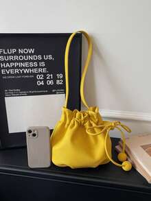 Korean Soft Yellow Drawstring Bucket Bag, Spherical Decor, Shoulder/Crossbody, Casual Commute Date Versatile Girly Style Women Handbag - Yellow - View 4