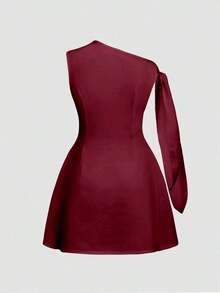 Vestido corto de verano de color claro, minimalista, sin mangas y con lazo en los hombros, de unicolor y elegante para mujer - Burdeos - Ver 3