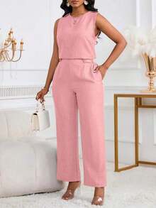 2 piezas de chaleco sin mangas y pantalones largos casuales para mujer con bolsillos en diagonal y detalles de botones, elegante para el verano - Rosa Pálido - Ver 3