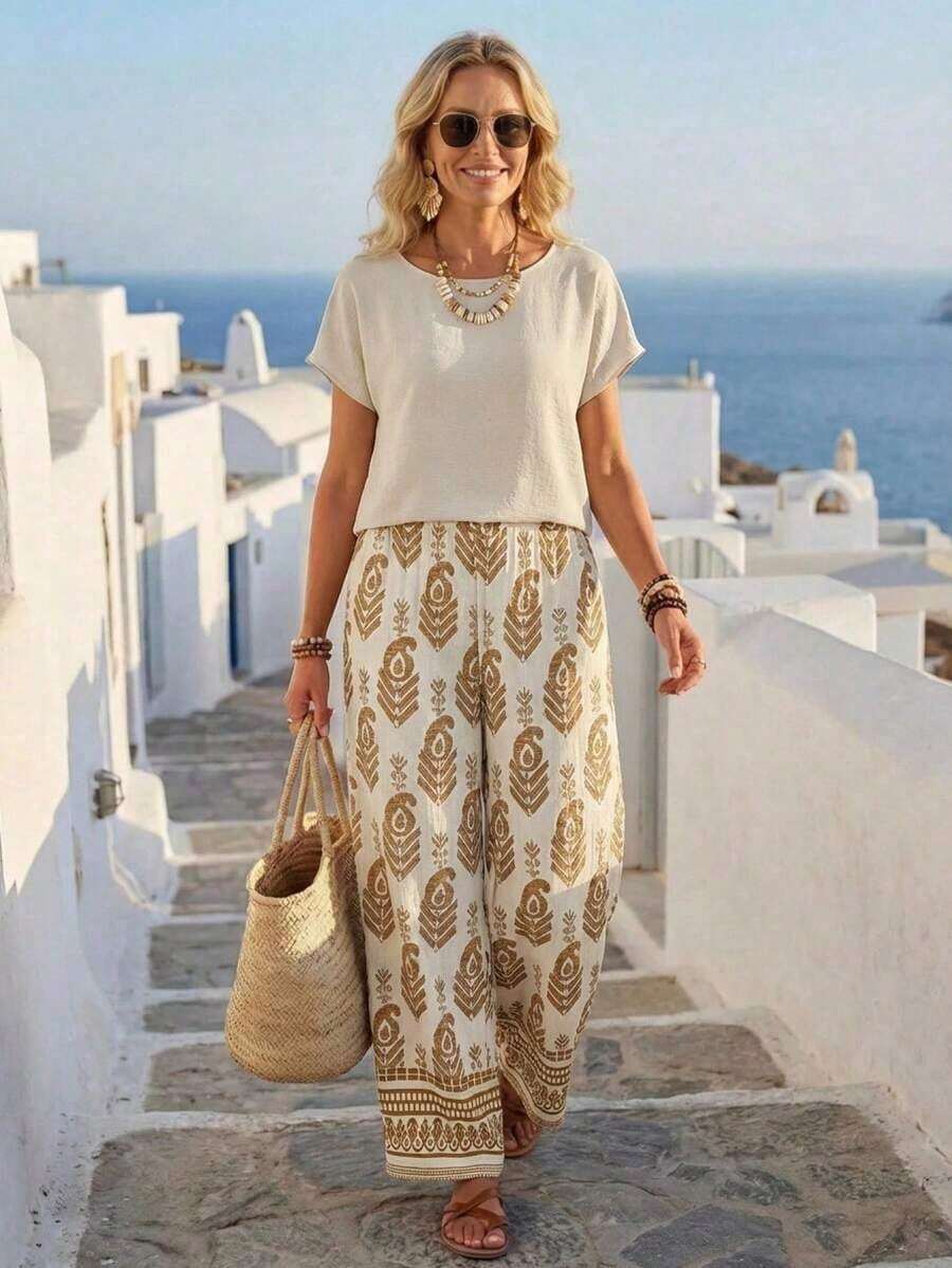 Set de 2 piezas con top de manga corta y pantalón de pierna ancha con estampado geométrico para mujer - Multicolor 3 - Ver 1